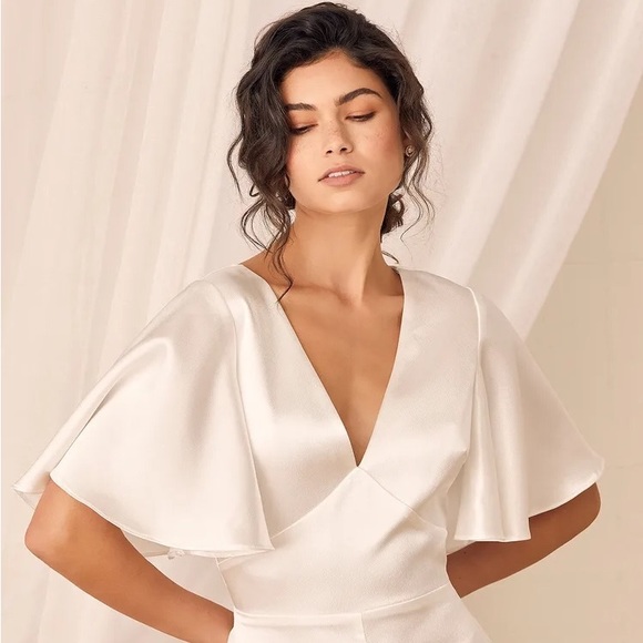Lulus Pants - Forever Awaits White Satin Flutter Sleeve Jumpsuit